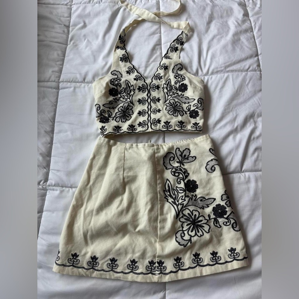 Elegant Cream and Black Floral Skirt Set